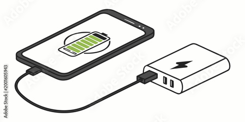 Smartphone with full battery level charging via usb connection to a portable power bank device isometric vector smartphone charging portable electronic technology isometric illustration