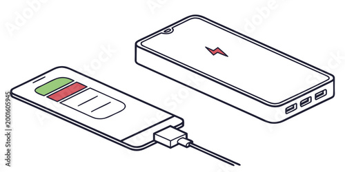 Isometric illustration of smartphone charging with low battery icon and external power bank device smartphone charging electronics technology isometric illustration connection lightning