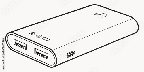 Isometric line art illustration of a portable power bank with dual usb and single usb-c charging ports powerbank portable external electronic technology accessory hardware connection isolated