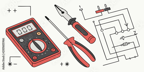 Electrical circuit testing set with digital multimeter screwdriver pliers and schematic diagram illustration multimeter electronics screwdriver schematic electrical engineering diagnostic