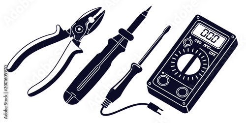 Silhouette illustration of essential electrical engineering hand tools featuring digital multimeter soldering iron and pliers for professional workshop multimeter soldering screwdriver electronic