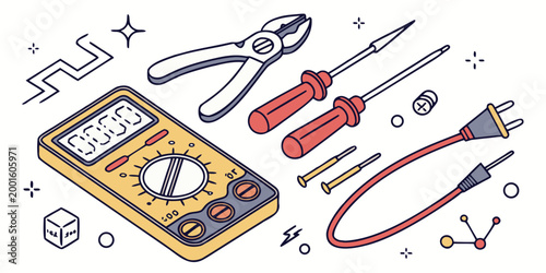 Isometric electrical repair tools kit with multimeter pliers screwdriver and wires line art illustration multimeter electrical screwdriver electronics maintenance engineering technical