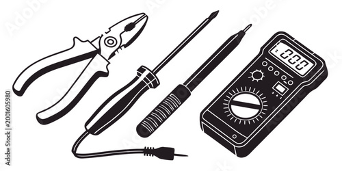 Black and white graphic illustration of electronic maintenance tool set including digital multimeter pliers screwdriver and soldering iron for technical repair with multimeter screwdriver soldering
