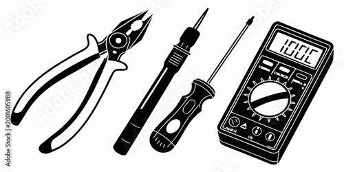 Technical graphic icon set of electronic diagnostic equipment with digital multimeter and hand tools for electrical service and maintenance work multimeter soldering screwdriver electronic