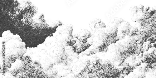Black and White Stippled Clouds Vector Illustration with Vintage Engraving Texture and Halftone Effect