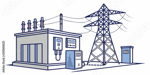Detailed illustration of an electrical power substation with a high voltage transmission tower pylon and transformer boxes for energy distribution and utility infrastructure substation electricity