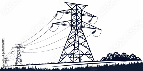 High voltage transmission towers and power lines in a rural landscape illustration with electricity transmission electric distribution industrial infrastructure generation overhead landscape