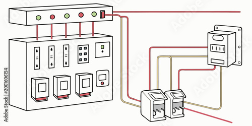 Detailed illustration of an electrical distribution board and circuit breaker panel with wiring and meters for industrial power management electrical distribution industrial electricity technical
