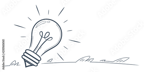 Simple hand drawn sketch of a glowing light bulb on the ground symbolizing a new idea inspiration and creative thinking with inspiration creativity thinking innovation brightness electricity