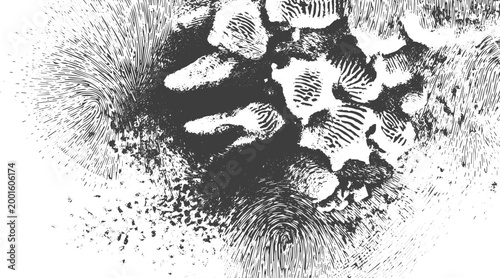 Abstract Black and White Grunge Vector Background with Fingerprint and Ink Splatter Patterns