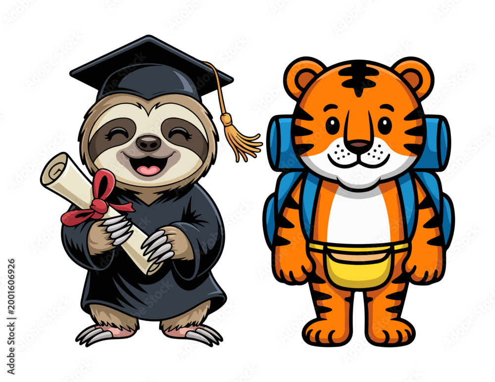 Fototapeta premium Cute sloth graduate and tiger student cartoon characters set