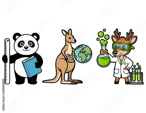 Cute panda student, kangaroo geography teacher, and deer scientist cartoon characters set