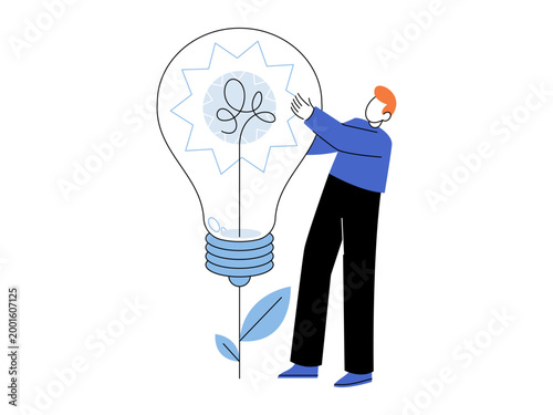 Man standing next to a large lightbulb growing thumbs up a plant vector illustration. Business growth, innovation, startup, creativity, green energy, project development. Person by a glowing lamp