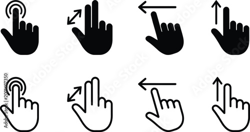 Obraz na plátně Black and line style hand gesture icons for tapping and scrolling actions on mobile phone and tablet digital interfaces