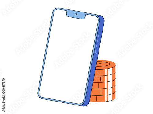Smartphone with blank screen leaning on a stack of coins vector illustration. Mobile banking, digital wallet, online payment, fintech, savings, investment. Cellphone with empty display and money.