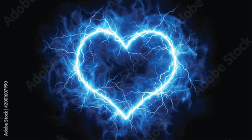 Glowing blue neon heart shaped energy frame with intense crackling lightning bolts on a dark black background for romantic and powerful digital graphic design.