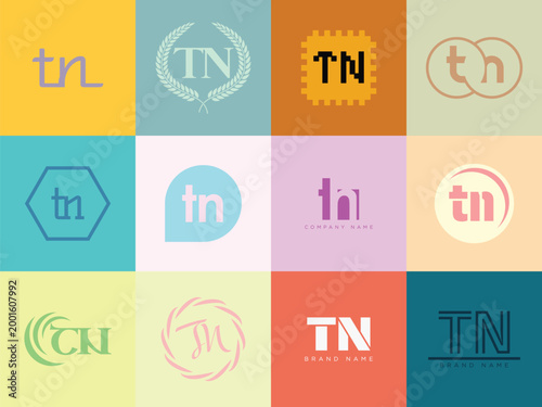 TN logo company template. Letter t and n logotype. Set different classic serif lettering and modern bold text with design elements. Initial font typography.