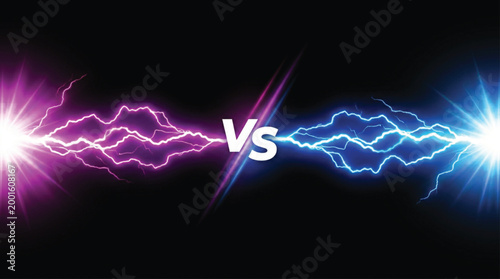 Epic vs battle graphic with pink and blue neon lightning bolts clashing on a black background for competitive gaming and sports design elements.