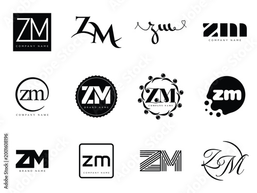 ZM logo company template. Letter z and m logotype. Set different classic serif lettering and modern bold text with design elements. Initial font typography.