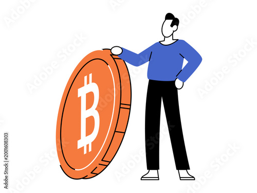 Man standing next to a large orange Bitcoin coin vector illustration. Cryptocurrency investment, digital finance, blockchain, wealth, fintech, trading. Person leaning on a crypto token