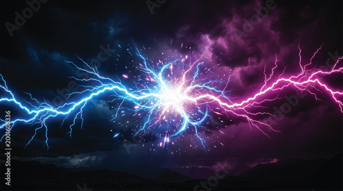 Vivid blue and magenta electrical discharge colliding in dark night sky creating intense energy burst with glowing particles and dramatic atmospheric lightning storm weather effects.