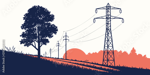 Quadro su tela High voltage electrical power transmission line towers across rolling landscape