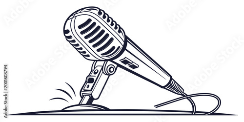 Vintage style microphone icon illustration with microphone recording broadcast equipment isolated performance communication technology illustration monochrome amplification electronic