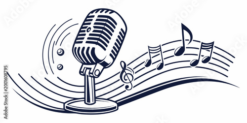 Retro microphone with musical notes graphic microphone recording broadcast performance entertainment isolated monochrome broadcasting streaming amplification equipment notation instrument