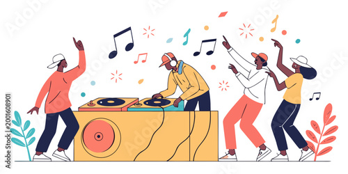 People dancing at outdoor music party with dj playing turntables turntable festival entertainment celebration lifestyle performance socializing nightlife illustration colorful activity