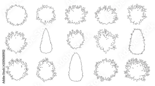 Outline CAD Trees and Shrubs Top View Drawing, Set of Various Trees and Bush Plan View Graphic Elements, Outline Symbol for Architecture and Landscape Design. Vector Illustration. Garden Forest Sectio