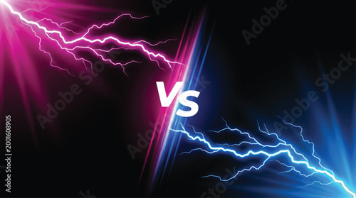 Bold vs battle graphic with pink and blue neon lightning energy bolts clashing on a black background for competitive gaming and sports design elements.