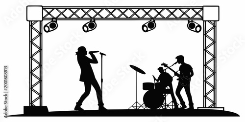 Live music concert silhouette with band members playing on stage truss performance musician guitarist silhouette entertainment instrument vocalist festival nightlife spotlight microphone
