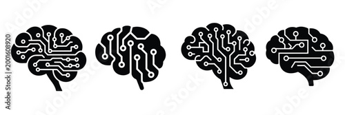 Set of artificial intelligence brain icons with digital circuit board patterns, neural network and machine learning technology vector symbols, flat black illustrations