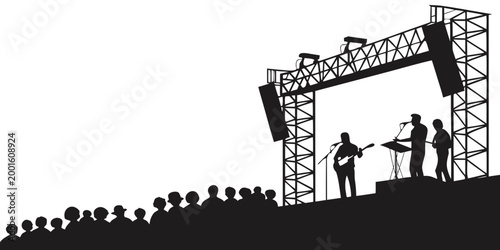 Silhouette illustration of a musical band performing on a concert stage in front of a crowd with musicians silhouette performance audience entertainment festival microphone lighting structure