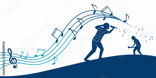 Musical performance graphic illustration with silhouettes of a singer and musician against abstract music notes musician silhouette performance illustration entertainment instrument microphone