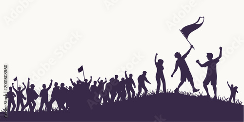 Silhouette illustration of a group of excited people cheering and holding flags on a hill with silhouette cheering celebration illustration background achievement leadership together community
