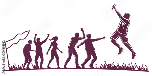 Concert crowd silhouette cheering for lead singer performing live on stage with flag silhouette performance festival audience cheering enthusiastic celebration energetic vocalist background