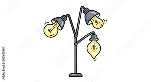 Artistic floor lamp with three glowing bulbs on white background