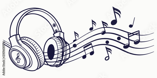 Headphones with flowing musical staff notes and g-clef icon for audio production headphones equipment illustration audiobook listening technology recording acoustic abstract isolated