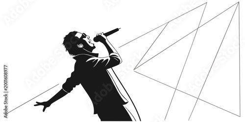 Male lead singer performing live into microphone on stage with geometric lines microphone performance vocalist geometric abstract illustration silhouette musician entertainment background