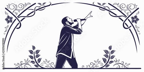Male singer performing with microphone framed by ornate floral botanical elements microphone performance vocalist botanical illustration decoration background entertainment musician