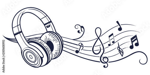 Modern headphones with music notes and treble clef flowing musical score lines headphones listening illustration technology equipment abstract enjoyment audiobook podcasts recording