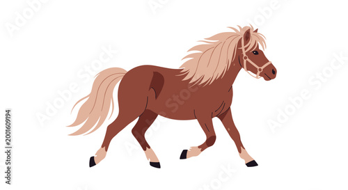 Beautiful brown pony with a light blonde mane and tail running gracefully and fast across a clean white background.