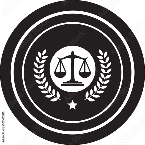 Law, justice, scales icon, black and white, vector emblem, law firm symbol, legal logo
