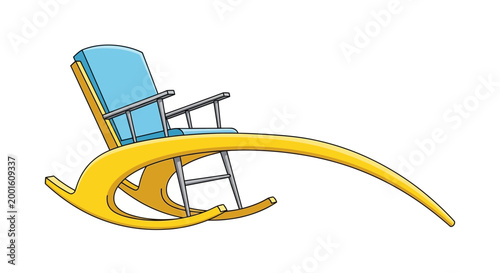 Modern rocking chair with blue cushion and yellow curved base