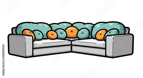Modern Sectional Sofa with Teal and Orange Accent Pillows