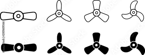 Collection of various propeller and fan blade icons in black and white, line art and solid fill, for use in graphic design and engineering applications.