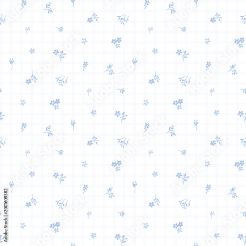 Seamless floral pattern, ditsy flower pattern, fabric print in monochrome style on stripe background, spring background floral, small soft ditsy flower. Surface design for home textile, wallpaper