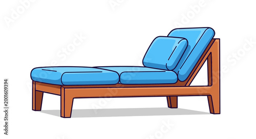 Modern wooden chaise lounge with blue cushions, isolated on white background.