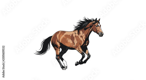 Dynamic illustration of a powerful brown horse galloping fast with its black mane and tail flying in the wind.